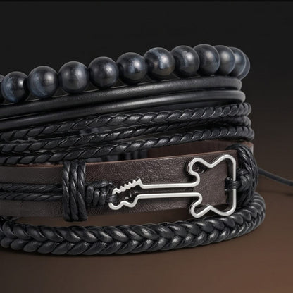 THE MEN THING Leather Bracelet GUITAR STACK BLACK - 4 Pcs Genuine Leather Adjustable Bracelet for Men & Boys