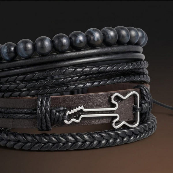 GUITAR STACK BLACK - 4 Pcs Genuine Leather Adjustable Bracelet for Men & Boys