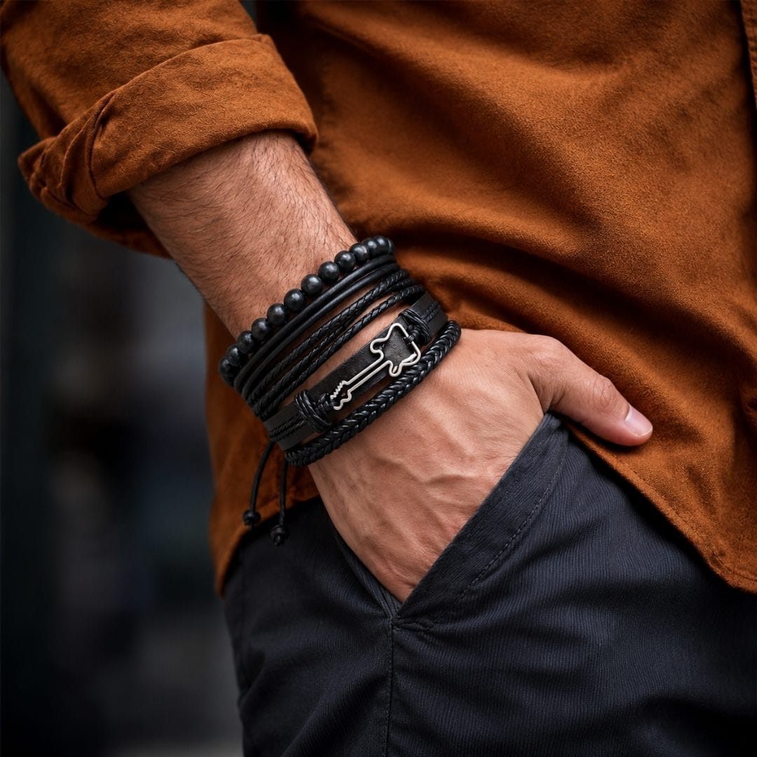 THE MEN THING Leather Bracelet GUITAR STACK BLACK - 4 Pcs Genuine Leather Adjustable Bracelet for Men & Boys