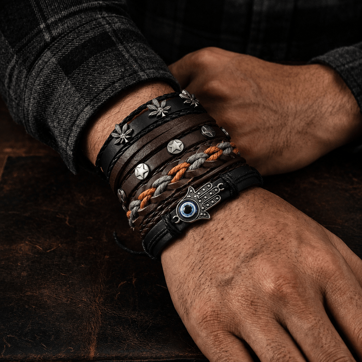 THE MEN THING Leather Bracelet HAMSA CORE - 6 Pcs Genuine Leather Adjustable Bracelet for Men & Boys