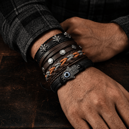 THE MEN THING Leather Bracelet HAMSA CORE - 6 Pcs Genuine Leather Adjustable Bracelet for Men & Boys
