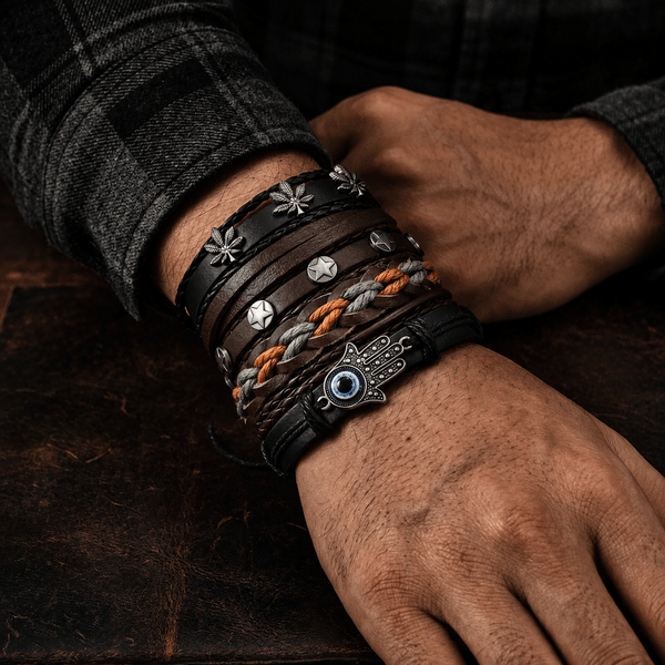HAMSA CORE - 6 Pcs Genuine Leather Adjustable Bracelet for Men & Boys