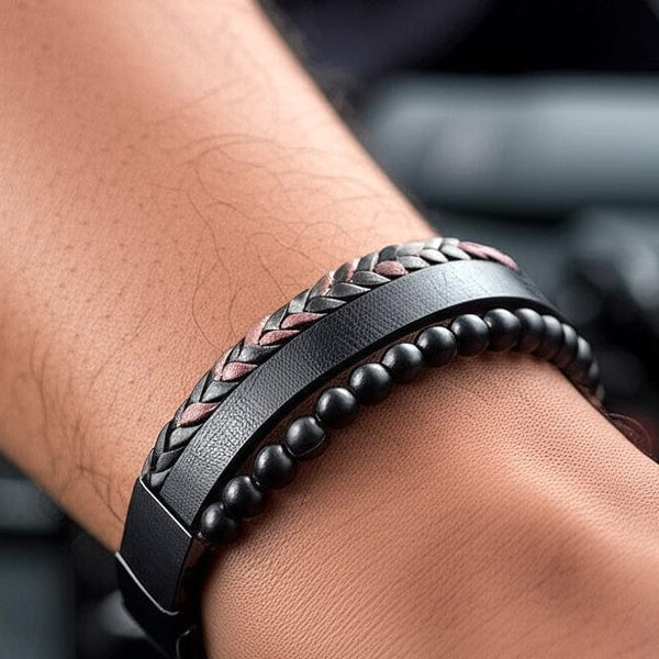 हीलिंग हार्ट ब्लैक और ब्राउन - पुरुषों और लड़कों के लिए हीलिंग नेचुरल स्टोन और स्टेनलेस स्टील मैग्नेटिक बकल के साथ अमेरिकन स्टाइल असली लेदर ब्रेसलेट (8 इंच)