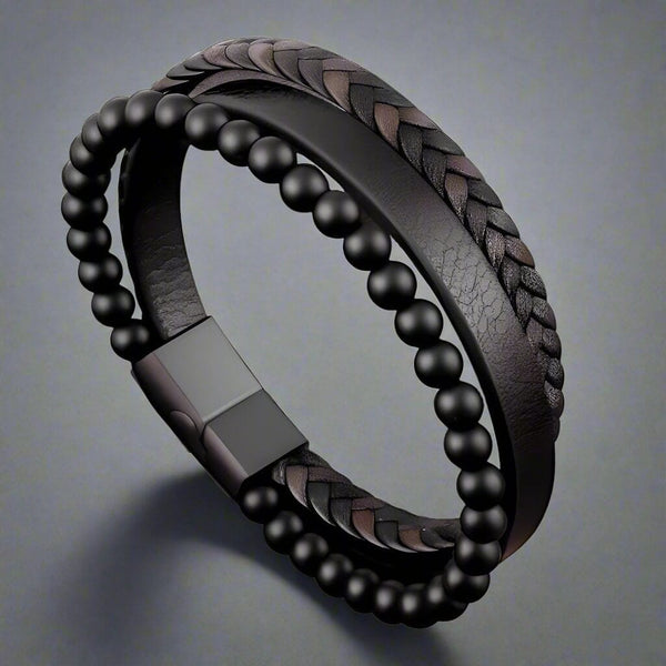 हीलिंग हार्ट ब्लैक और ब्राउन - पुरुषों और लड़कों के लिए हीलिंग नेचुरल स्टोन और स्टेनलेस स्टील मैग्नेटिक बकल के साथ अमेरिकन स्टाइल असली लेदर ब्रेसलेट (8 इंच)