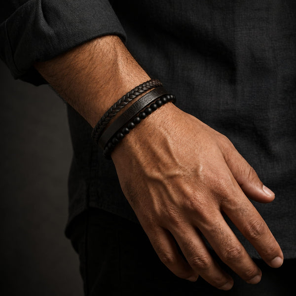 HEALING HEART BLACK & BROWN - American Style Genuine Leather Bracelet with Healing Natural Stones and Stainless Steel Magnetic Buckle for Men & Boy (8 inch)