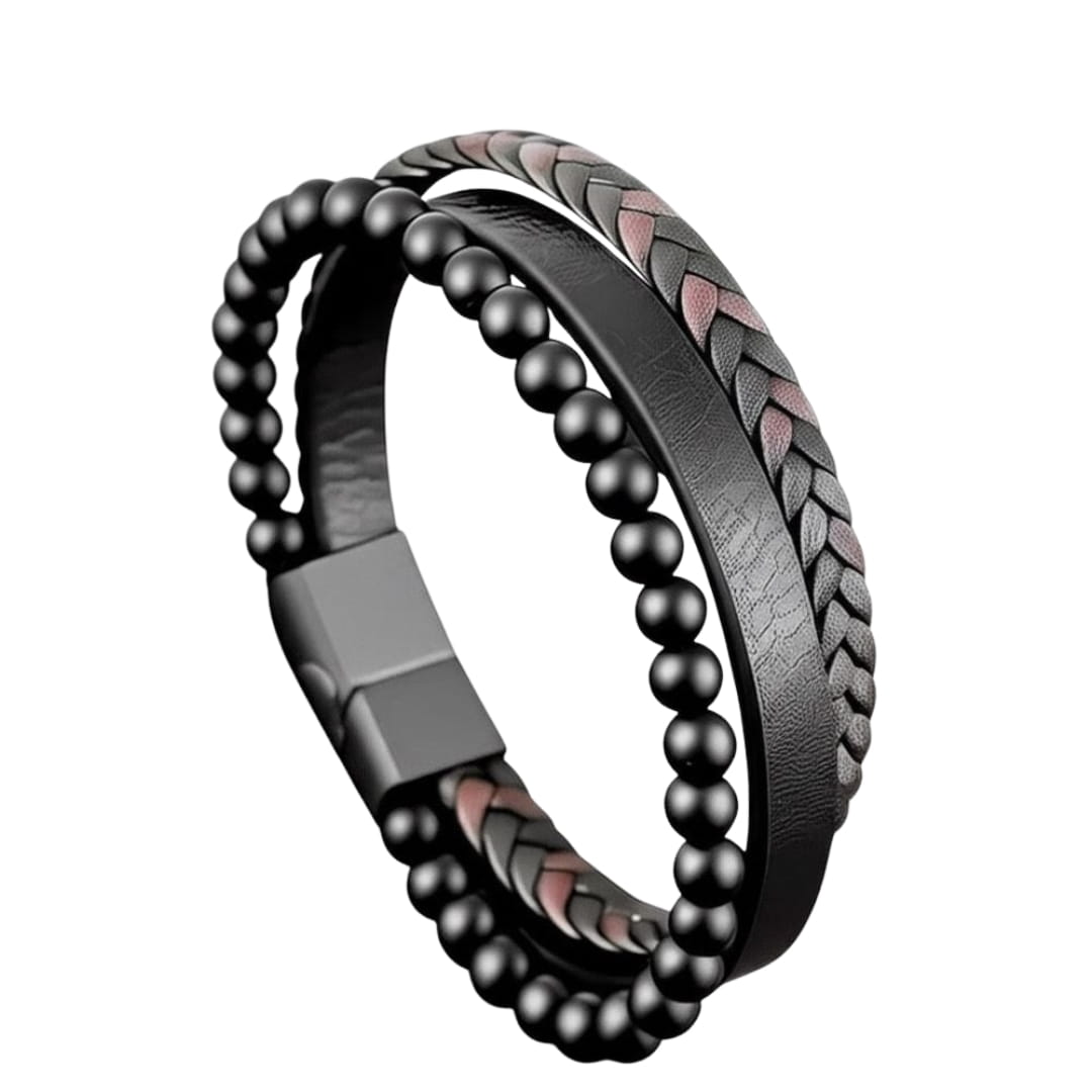 THE MEN THING Leather Bracelet HEALING HEART BLACK & BROWN - American Style Genuine Leather Bracelet with Healing Natural Stones and Stainless Steel Magnetic Buckle for Men & Boy (8 inch)