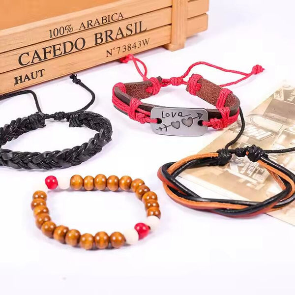 HEART KNOT  -  4 Pcs Genuine Braided Leather Bracelet Set for Men & Boys (8 inch)