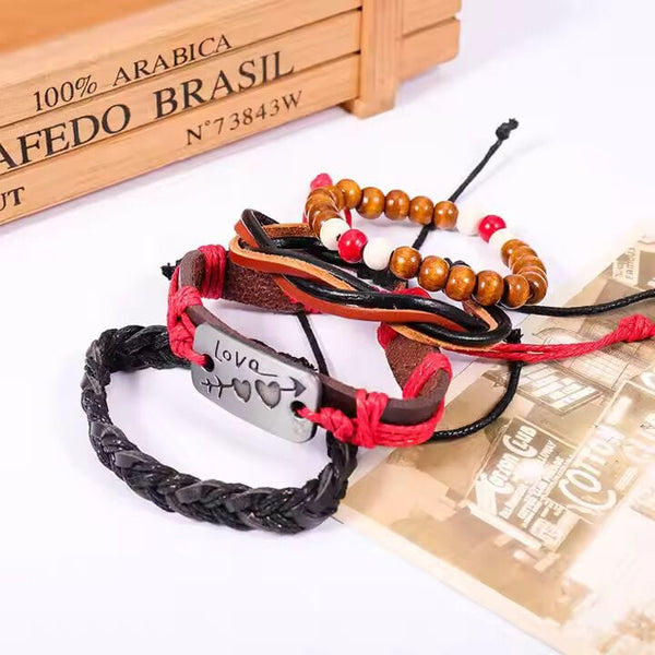 HEART KNOT  -  4 Pcs Genuine Braided Leather Bracelet Set for Men & Boys (8 inch)