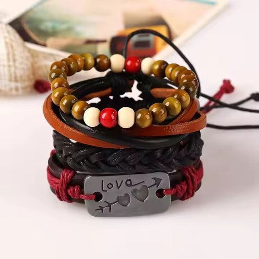 THE MEN THING Leather Bracelet HEART KNOT  -  4 Pcs Genuine Braided Leather Bracelet Set for Men & Boys (8 inch)