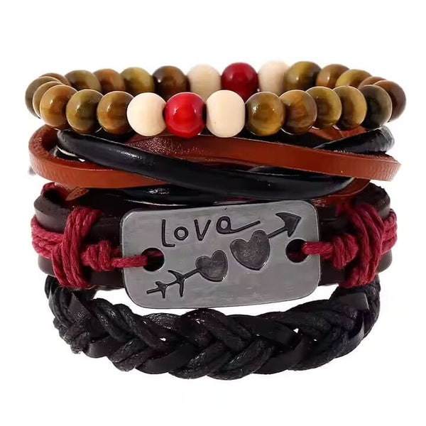 HEART KNOT  -  4 Pcs Genuine Braided Leather Bracelet Set for Men & Boys (8 inch)