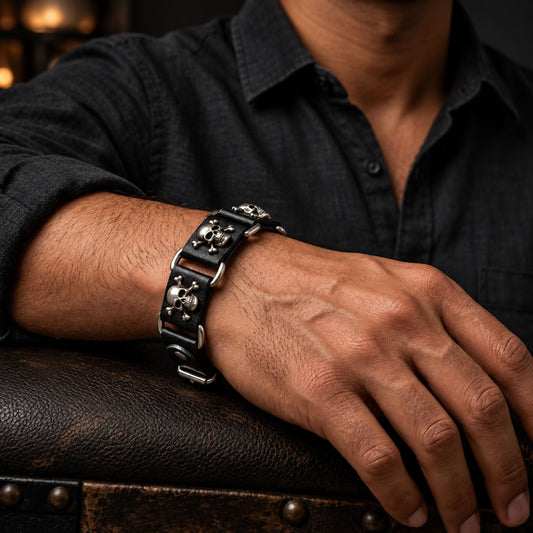 THE MEN THING Leather Bracelet HELLBOUND SKULL - 23mm Genuine Leather Bracelet with Stainless Steel Buckle Clasp for Men & Boys (8 to 9 inch)