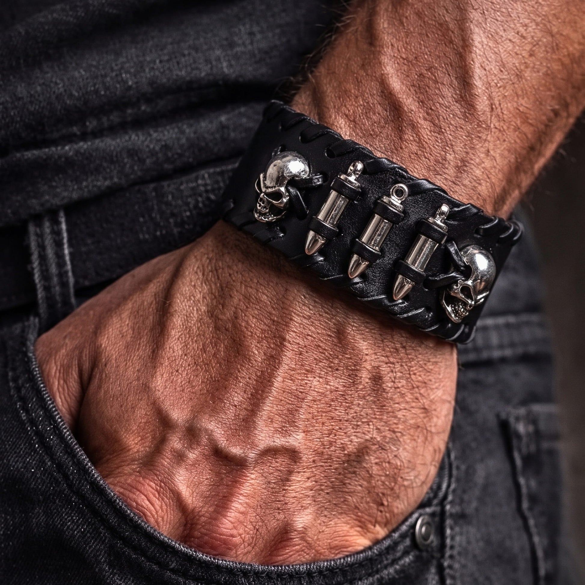 THE MEN THING Leather Bracelet HELLBOUND WARRIOR BLACK BAND - Genuine Braided Leather Bracelet Set for Men & Boys (8 inch)