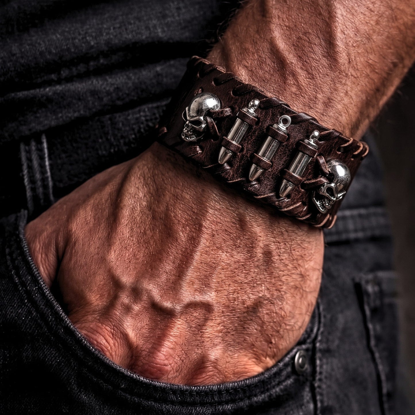 THE MEN THING Leather Bracelet HELLBOUND WARRIOR BROWN BAND - Genuine Braided Leather Bracelet Set for Men & Boys (8 inch)