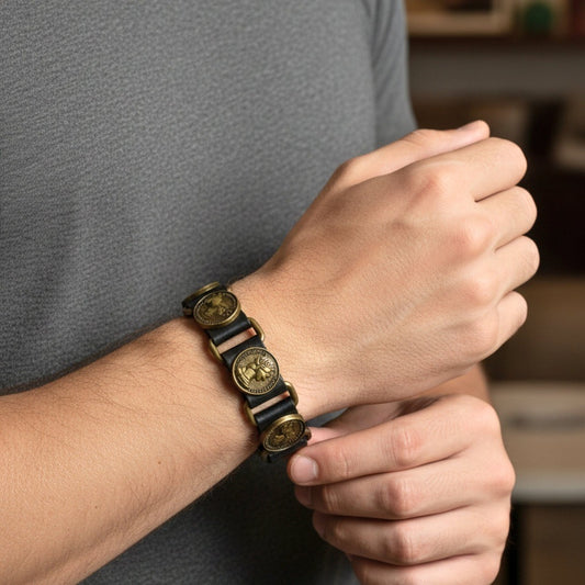 THE MEN THING Leather Bracelet HERITAGE COIN - 20mm Genuine Leather Adjustable Bracelet for Men & Boys (9 inch)