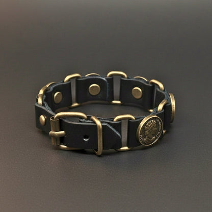 THE MEN THING Leather Bracelet HERITAGE COIN - 20mm Genuine Leather Adjustable Bracelet for Men & Boys (9 inch)