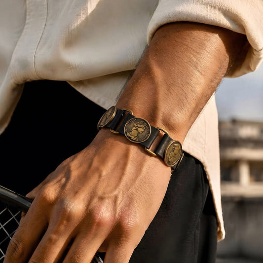 THE MEN THING Leather Bracelet HERITAGE COIN - 20mm Genuine Leather Adjustable Bracelet for Men & Boys (9 inch)