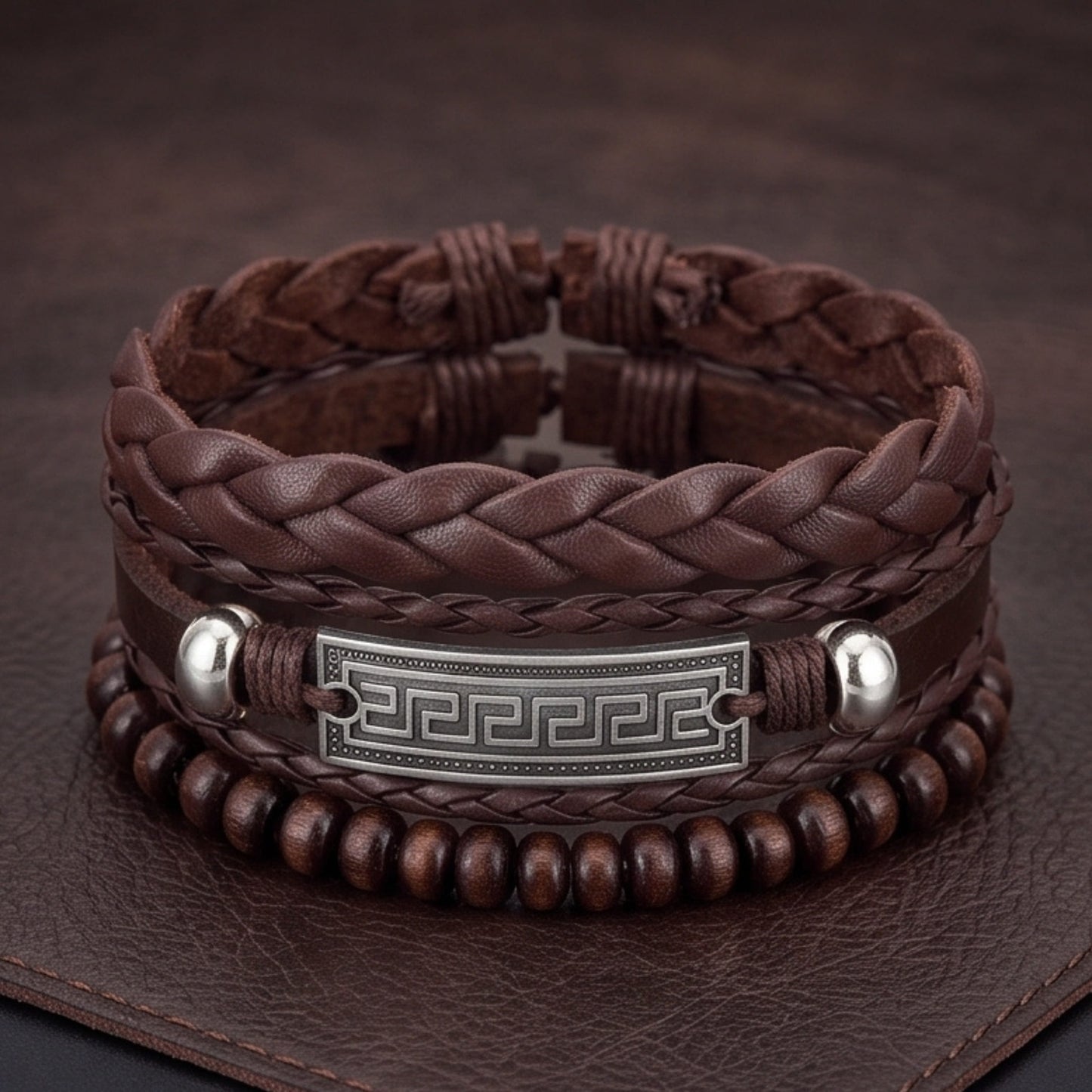 THE MEN THING Leather Bracelet HERITAGE KEY - 3Pcs Genuine Leather Adjustable Bracelets Set for Men & Boys