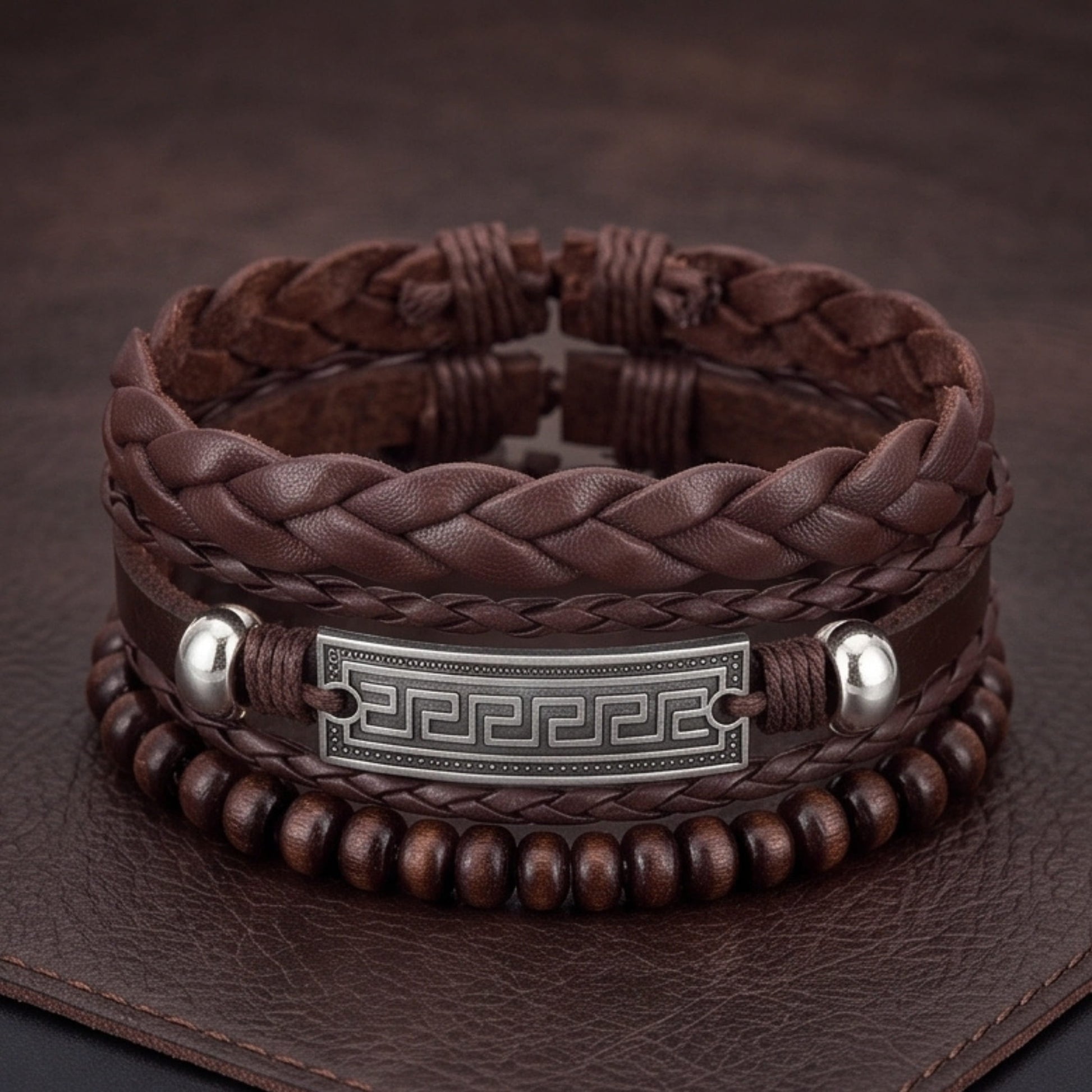 THE MEN THING Leather Bracelet HERITAGE KEY - 3Pcs Genuine Leather Adjustable Bracelets Set for Men & Boys