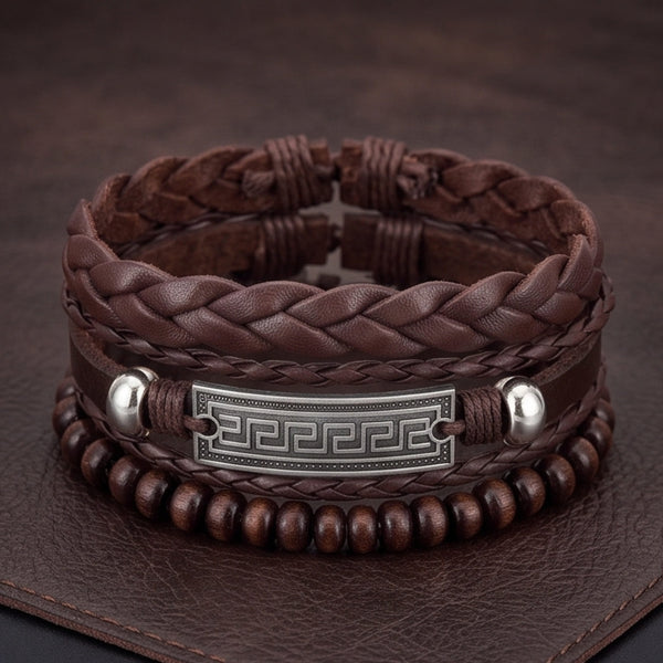 HERITAGE KEY - 3Pcs Genuine Leather Adjustable Bracelets Set for Men & Boys