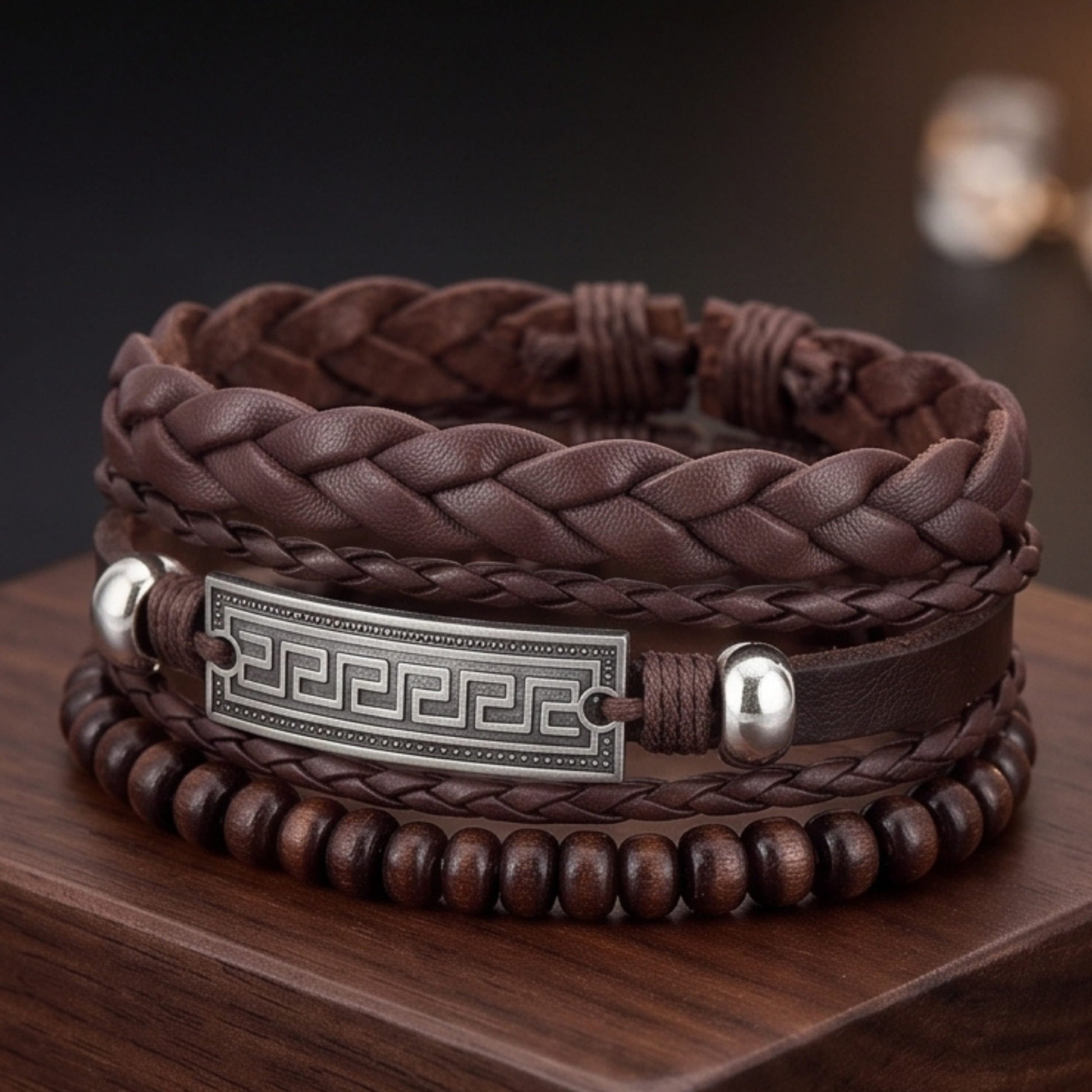 THE MEN THING Leather Bracelet HERITAGE KEY - 3Pcs Genuine Leather Adjustable Bracelets Set for Men & Boys