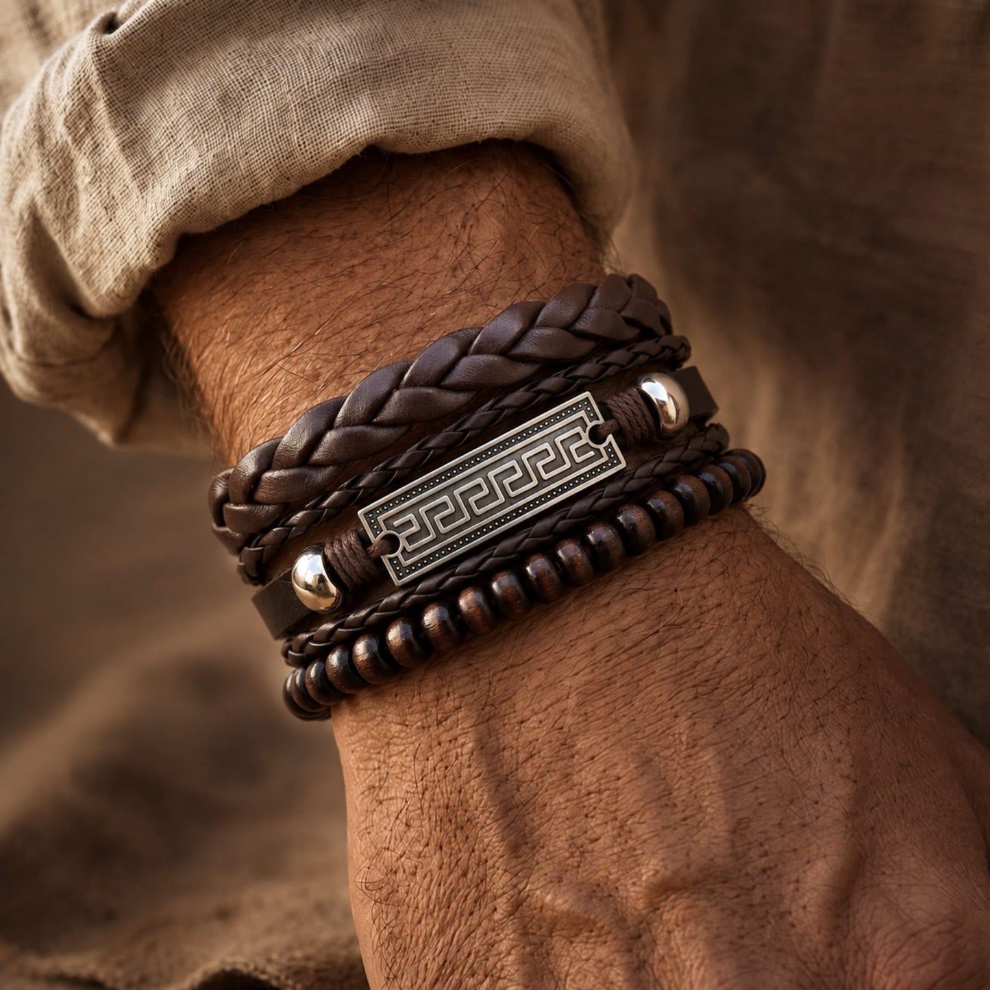 THE MEN THING Leather Bracelet HERITAGE KEY - 3Pcs Genuine Leather Adjustable Bracelets Set for Men & Boys