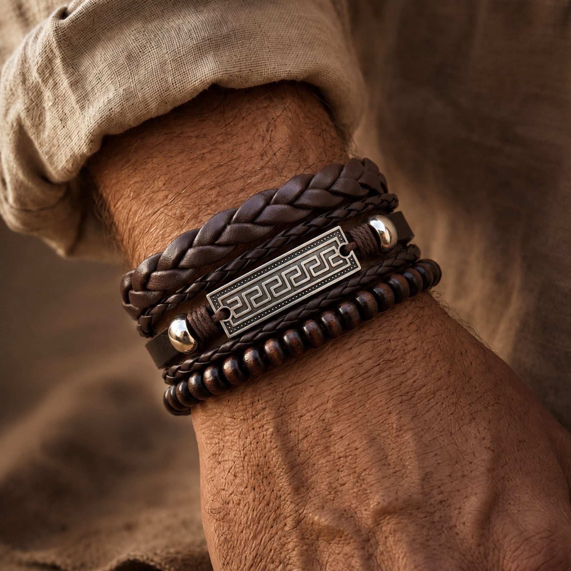 THE MEN THING Leather Bracelet HERITAGE KEY - 3Pcs Genuine Leather Adjustable Bracelets Set for Men & Boys