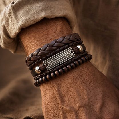 THE MEN THING Leather Bracelet HERITAGE KEY - 3Pcs Genuine Leather Adjustable Bracelets Set for Men & Boys