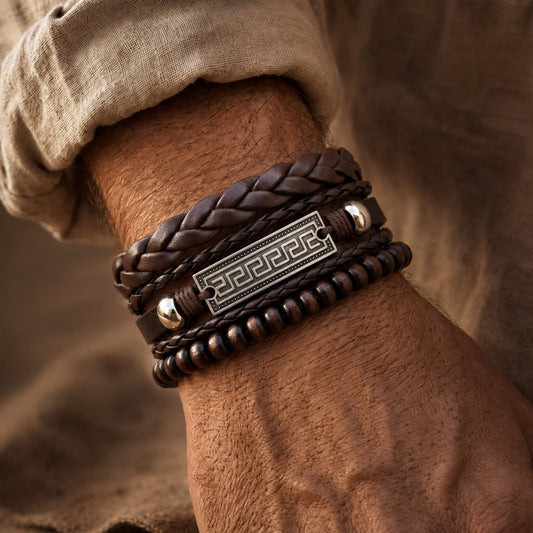 THE MEN THING Leather Bracelet HERITAGE KEY - 3Pcs Genuine Leather Adjustable Bracelets Set for Men & Boys
