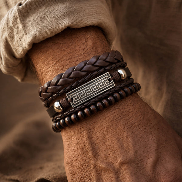 HERITAGE KEY - 3Pcs Genuine Leather Adjustable Bracelets Set for Men & Boys