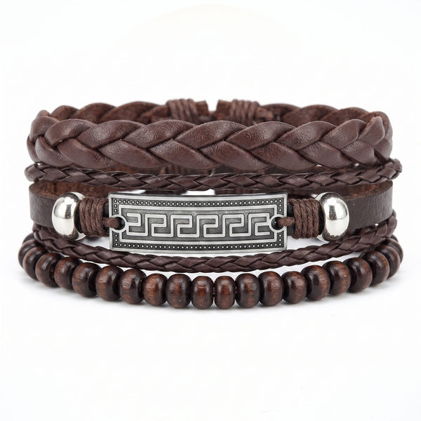 HERITAGE KEY - 3Pcs Genuine Leather Adjustable Bracelets Set for Men & Boys