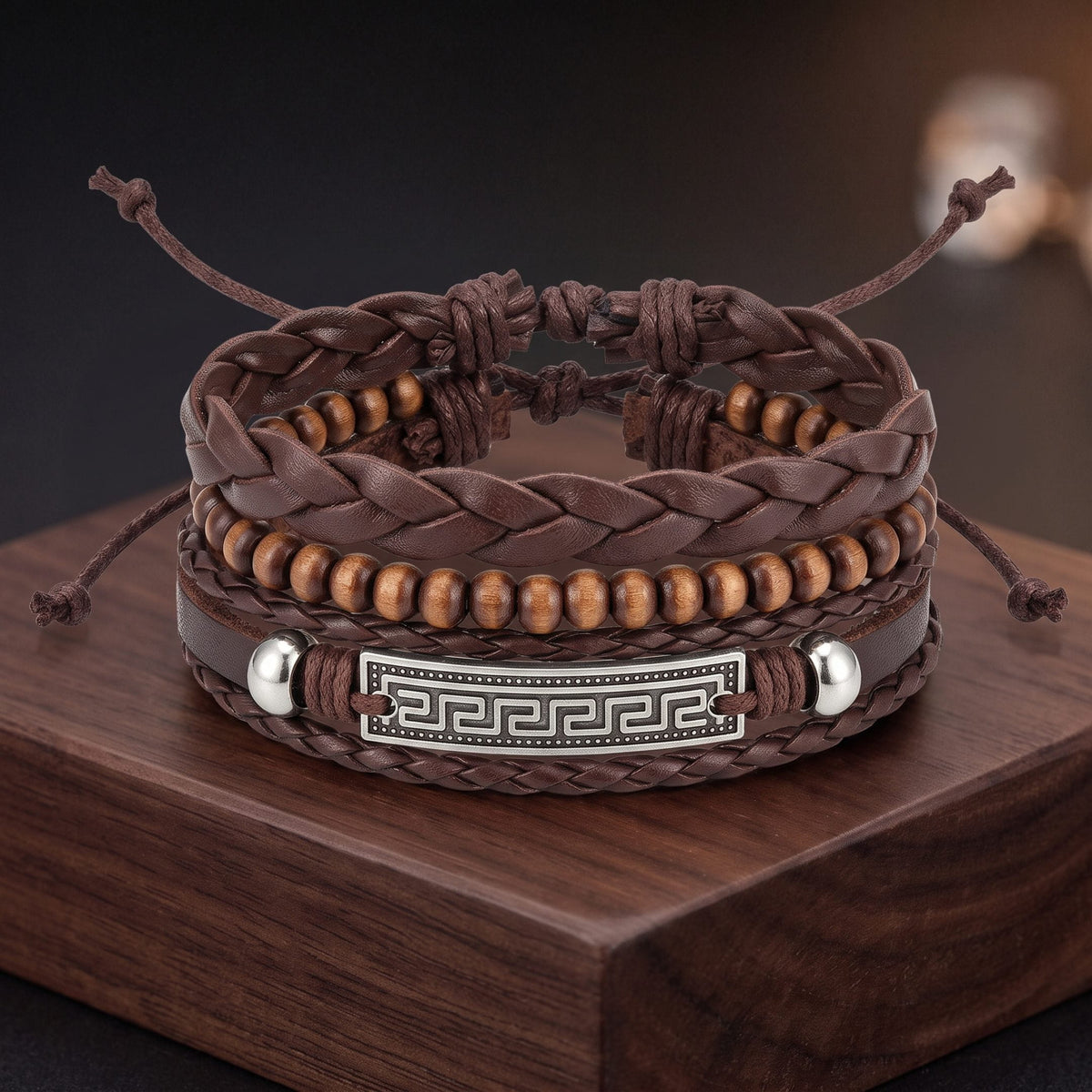 THE MEN THING Leather Bracelet HERITAGE KEY - 3Pcs Genuine Leather Adjustable Bracelets Set for Men & Boys