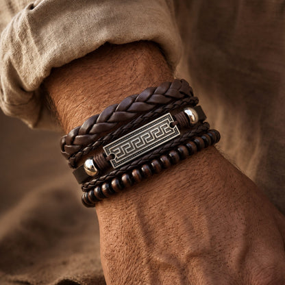 THE MEN THING Leather Bracelet HERITAGE KEY - 3Pcs Genuine Leather Adjustable Bracelets Set for Men & Boys