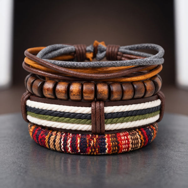 HERITAGE NOMAD - 4 Pcs Genuine Leather Adjustable Bracelet Set for Men & Boys (8 inch)
