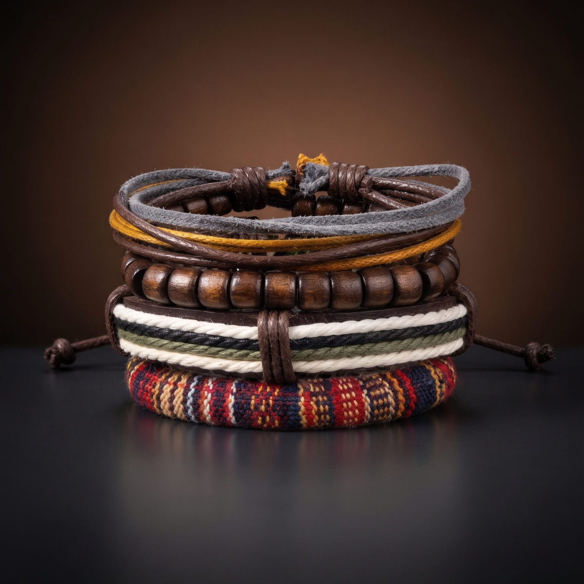 THE MEN THING Leather Bracelet HERITAGE NOMAD - 4 Pcs Genuine Leather Adjustable Bracelet Set for Men & Boys (8 inch)