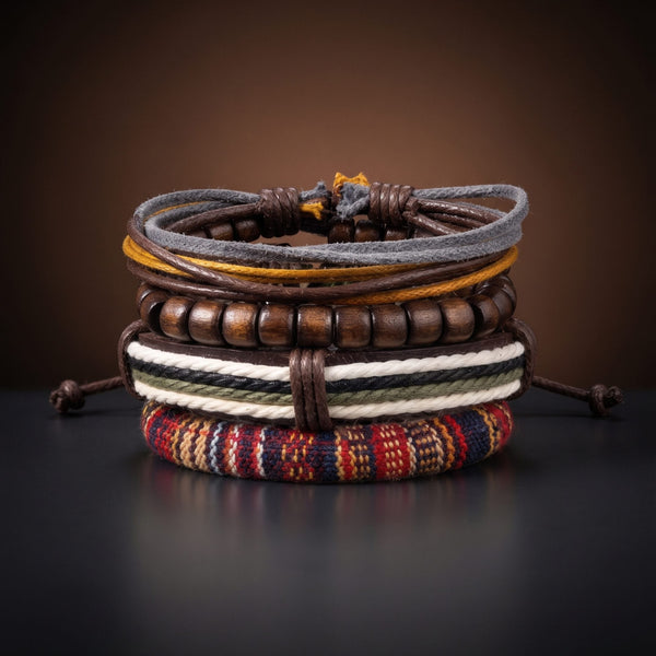 HERITAGE NOMAD - 4 Pcs Genuine Leather Adjustable Bracelet Set for Men & Boys (8 inch)