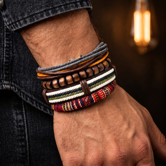 THE MEN THING Leather Bracelet HERITAGE NOMAD - 4 Pcs Genuine Leather Adjustable Bracelet Set for Men & Boys (8 inch)