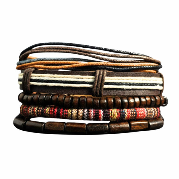 HERITAGE NOMAD - 5 Pcs Genuine Leather Adjustable Bracelet Set for Men & Boys (8 inch)