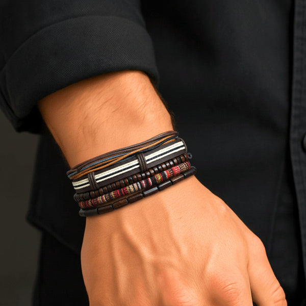 HERITAGE NOMAD - 5 Pcs Genuine Leather Adjustable Bracelet Set for Men & Boys (8 inch)