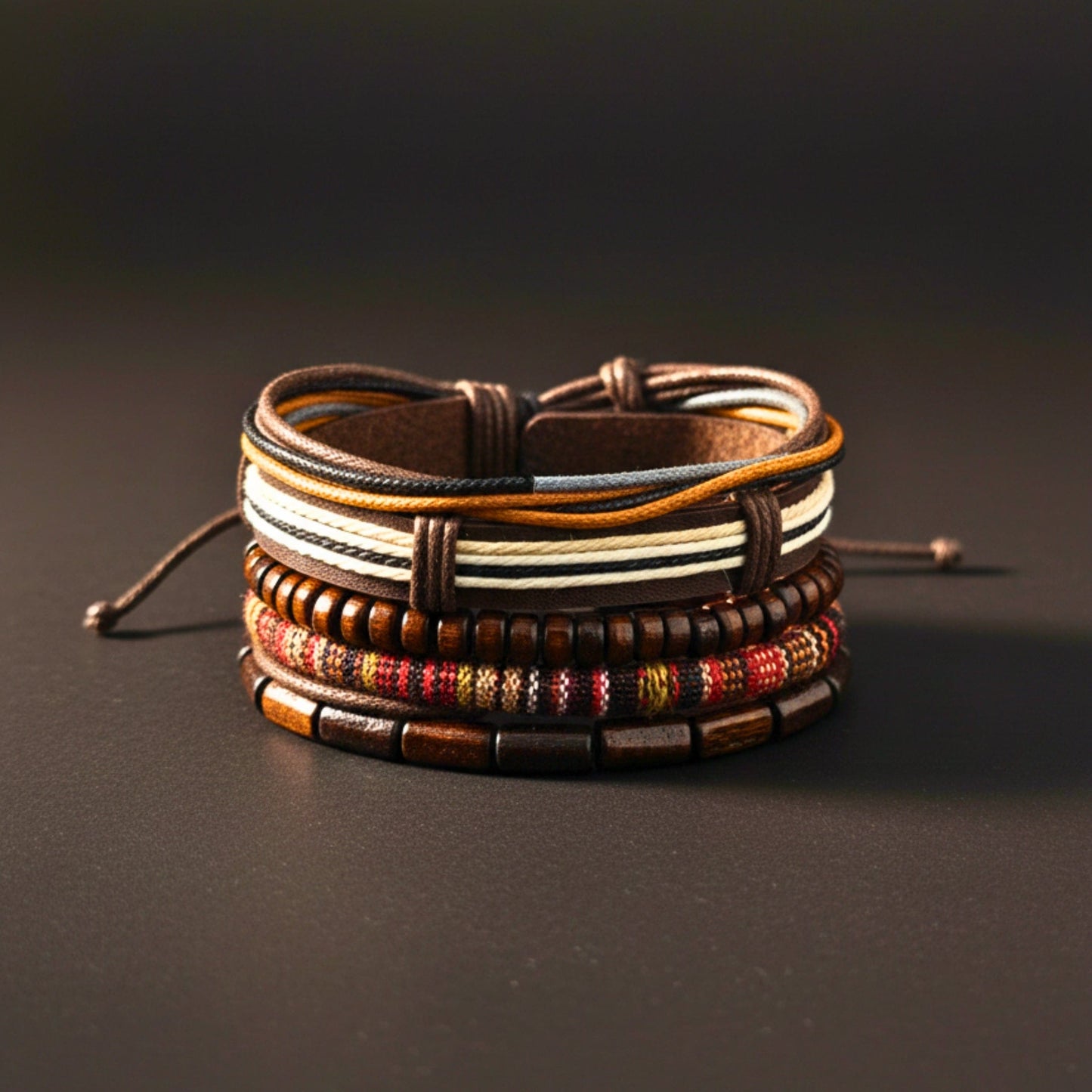 THE MEN THING Leather Bracelet HERITAGE NOMAD - 5 Pcs Genuine Leather Adjustable Bracelet Set for Men & Boys (8 inch)