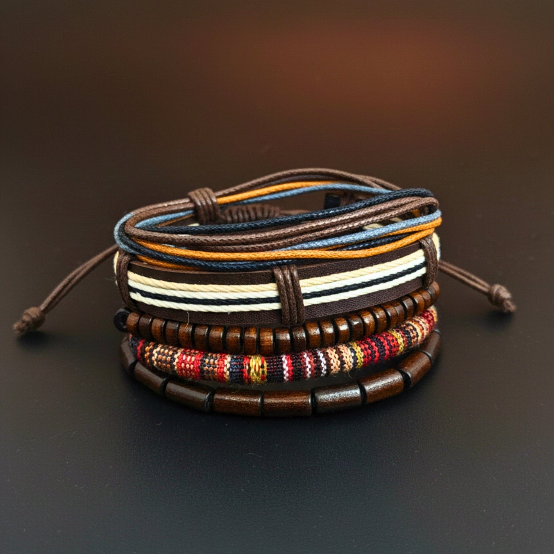 THE MEN THING Leather Bracelet HERITAGE NOMAD - 5 Pcs Genuine Leather Adjustable Bracelet Set for Men & Boys (8 inch)