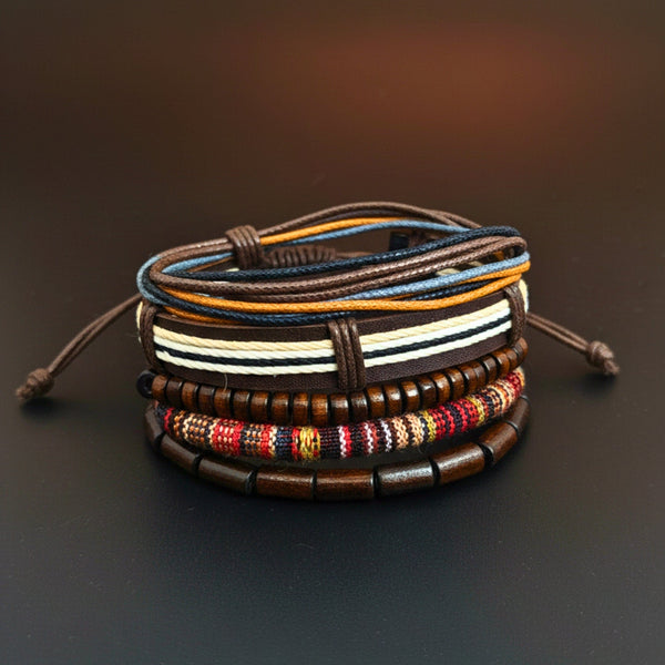 HERITAGE NOMAD - 5 Pcs Genuine Leather Adjustable Bracelet Set for Men & Boys (8 inch)