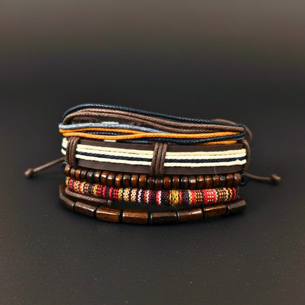 HERITAGE NOMAD - 5 Pcs Genuine Leather Adjustable Bracelet Set for Men & Boys (8 inch)