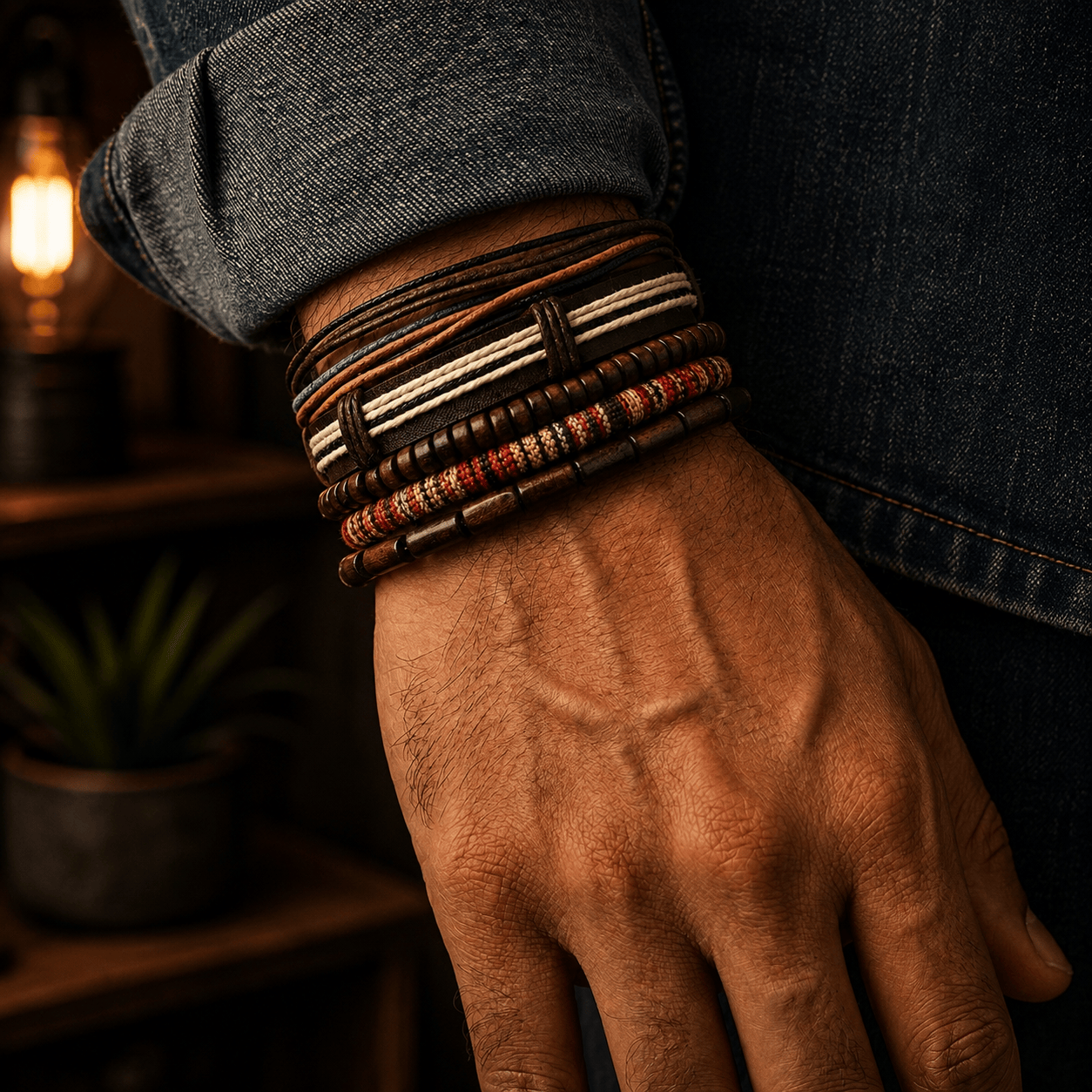 THE MEN THING Leather Bracelet HERITAGE NOMAD - 5 Pcs Genuine Leather Adjustable Bracelet Set for Men & Boys (8 inch)