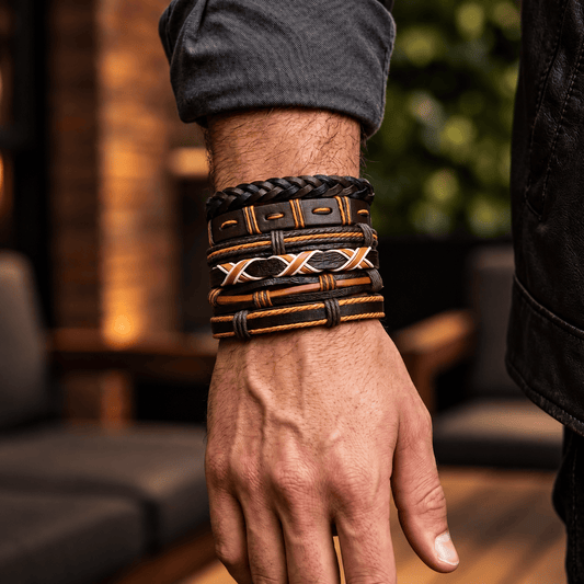 THE MEN THING Leather Bracelet HERITAGE WEAVE - 6 Pcs Genuine Leather Adjustable Bracelet for Men & Boys