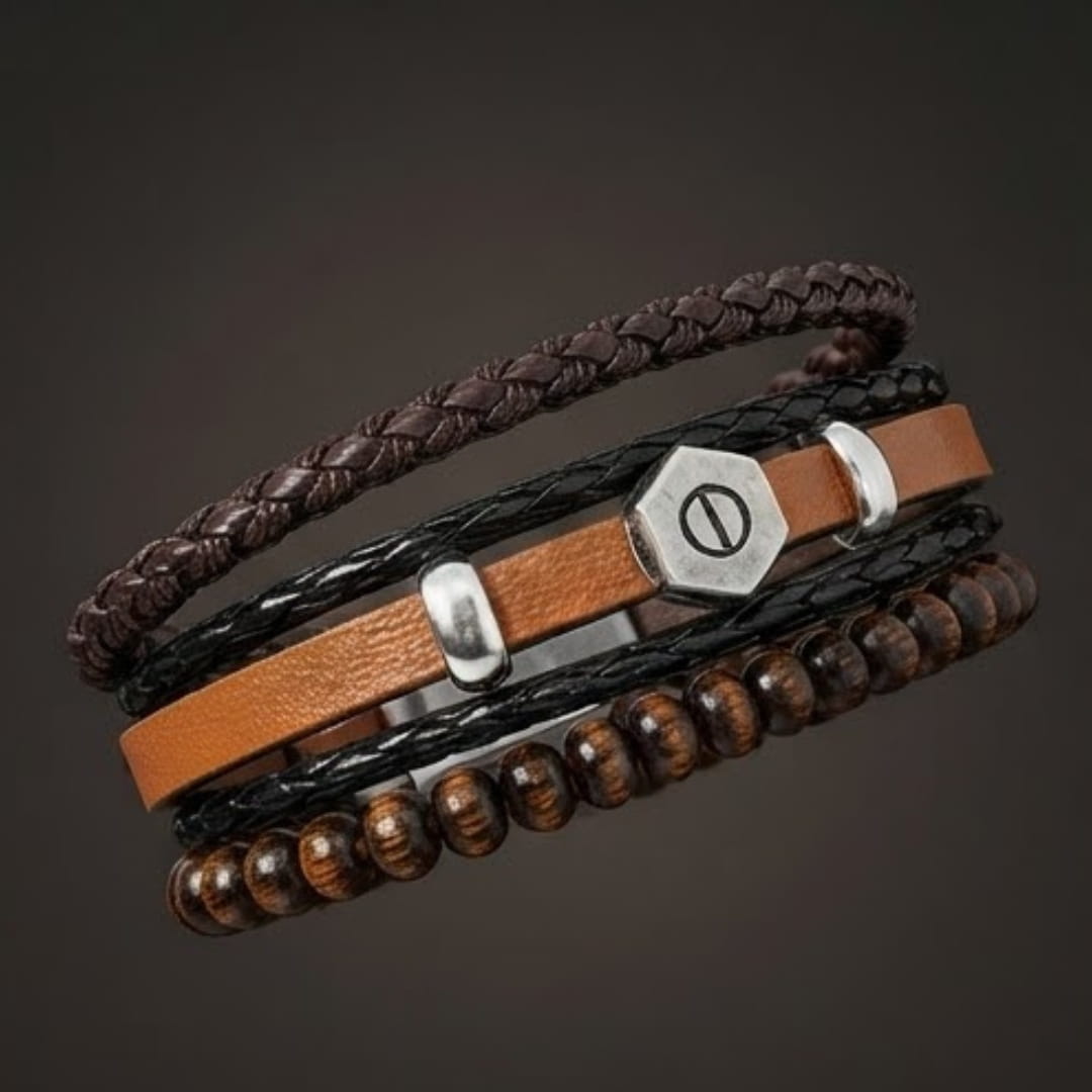 THE MEN THING Leather Bracelet HEX BOLT BROWN - 3Pcs Genuine Leather Adjustable Bracelets Set for Men & Boys (8 inch)
