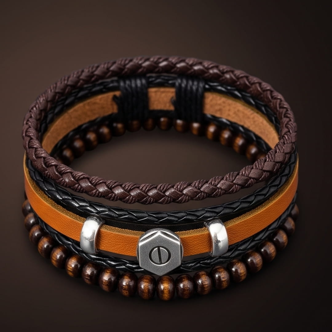THE MEN THING Leather Bracelet HEX BOLT BROWN - 3Pcs Genuine Leather Adjustable Bracelets Set for Men & Boys (8 inch)
