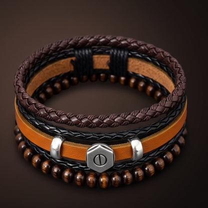 THE MEN THING Leather Bracelet HEX BOLT BROWN - 3Pcs Genuine Leather Adjustable Bracelets Set for Men & Boys (8 inch)