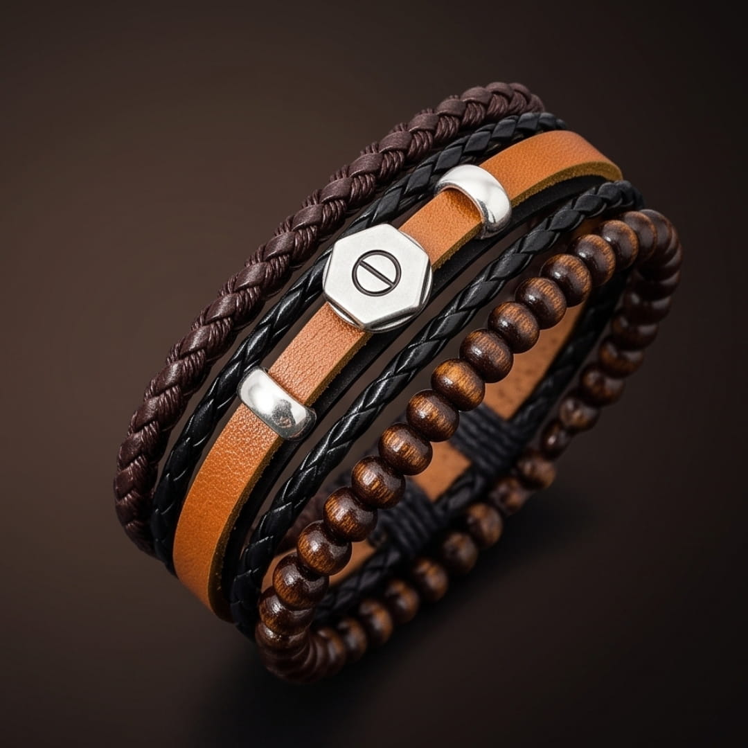 THE MEN THING Leather Bracelet HEX BOLT BROWN - 3Pcs Genuine Leather Adjustable Bracelets Set for Men & Boys (8 inch)