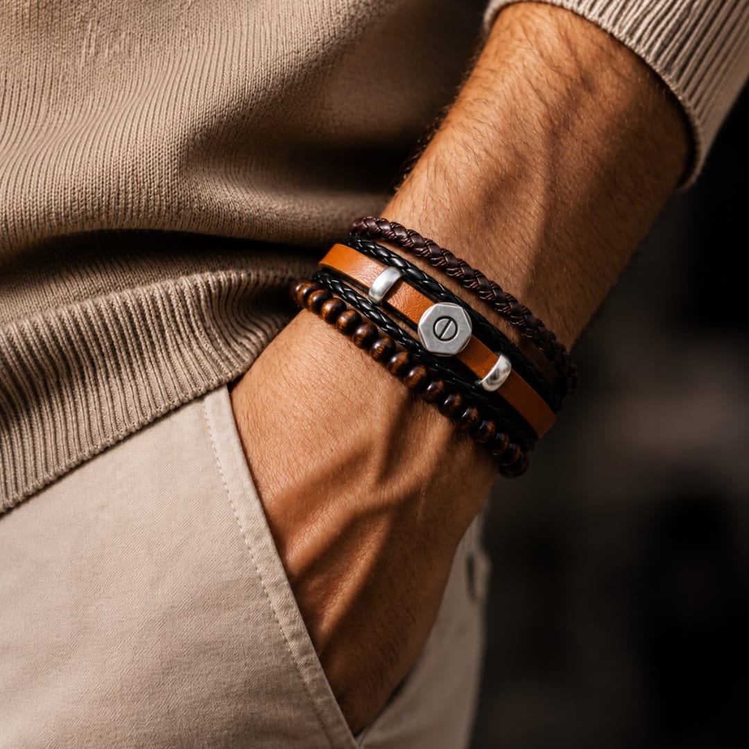 THE MEN THING Leather Bracelet HEX BOLT BROWN - 3Pcs Genuine Leather Adjustable Bracelets Set for Men & Boys (8 inch)