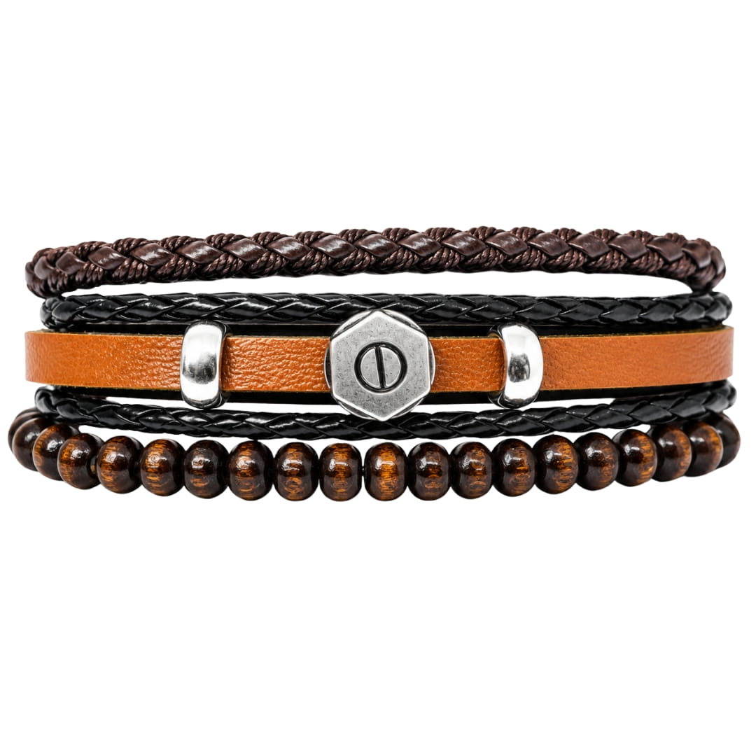 THE MEN THING Leather Bracelet HEX BOLT BROWN - 3Pcs Genuine Leather Adjustable Bracelets Set for Men & Boys (8 inch)